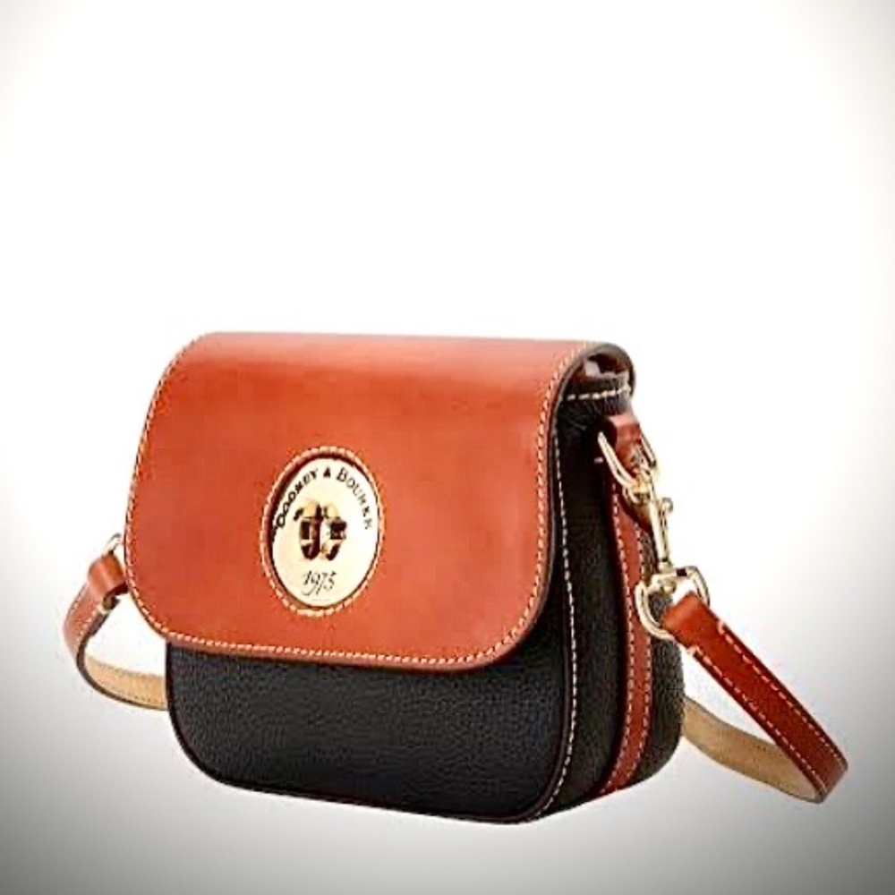 New Dooney and Bourke Crossbody Shoulder Saddle Bag TurnLock Leather Black Tan